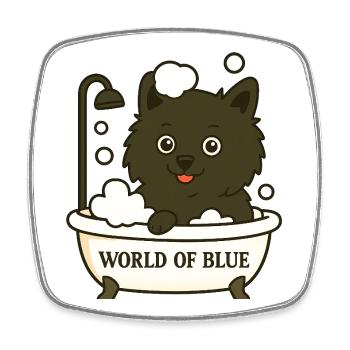 Playful Spitz (dog) in the bathroom with soap bubbles - Square fridge magnet - white - Front