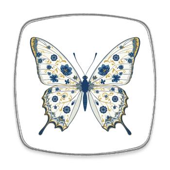 Porcelain Butterfly & Blue Flowers Vintage - Square fridge magnet - white - Front
