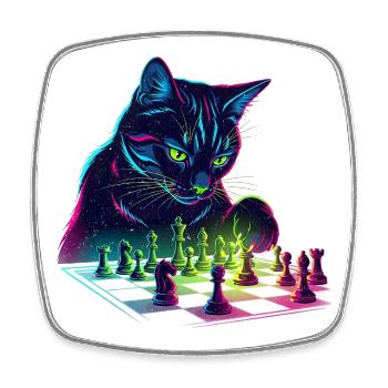 Motif d'échecs chat noir néon - Magnet carré - blanc - Devant