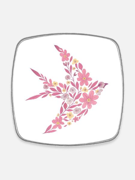 Floral nordique - Oiseau rose vif - Magnet carré - blanc