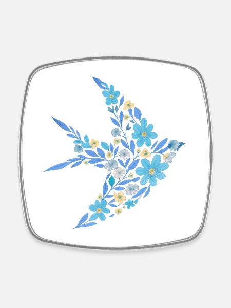 Floral nordique - Oiseau bleu vif - Magnet carré - blanc