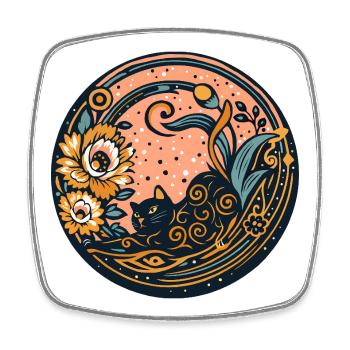 Chat noir entouré de fleurs et de lune - Magnet carré - blanc - Devant