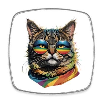Funny LGBTQ cat portrait with rainbow glasses - Square fridge magnet - white - Front