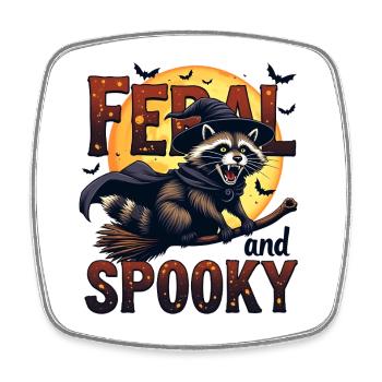 Feral and Spooky - Waschbär auf Besenstiel - Viereckiger Kühlschrankmagnet - Weiß - Vorne