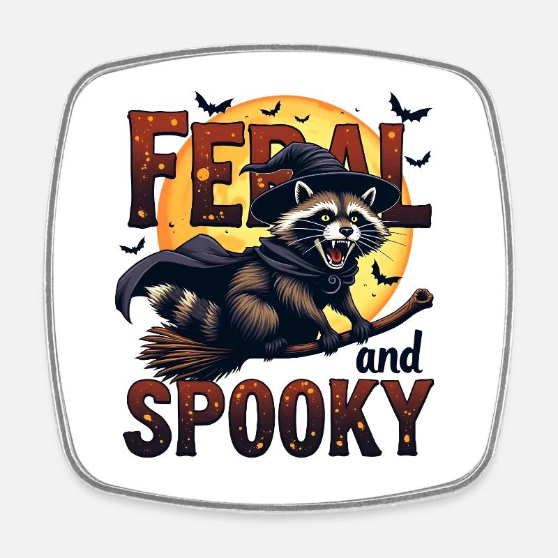 Feral and Spooky - Raccoon on broomstick - Square fridge magnet - white