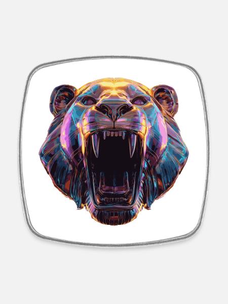 Neon Lion Head Art Design - Square fridge magnet - white