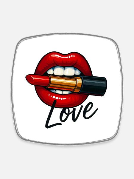 Kiss Lips with Lipstick and Love Font - Square fridge magnet - white