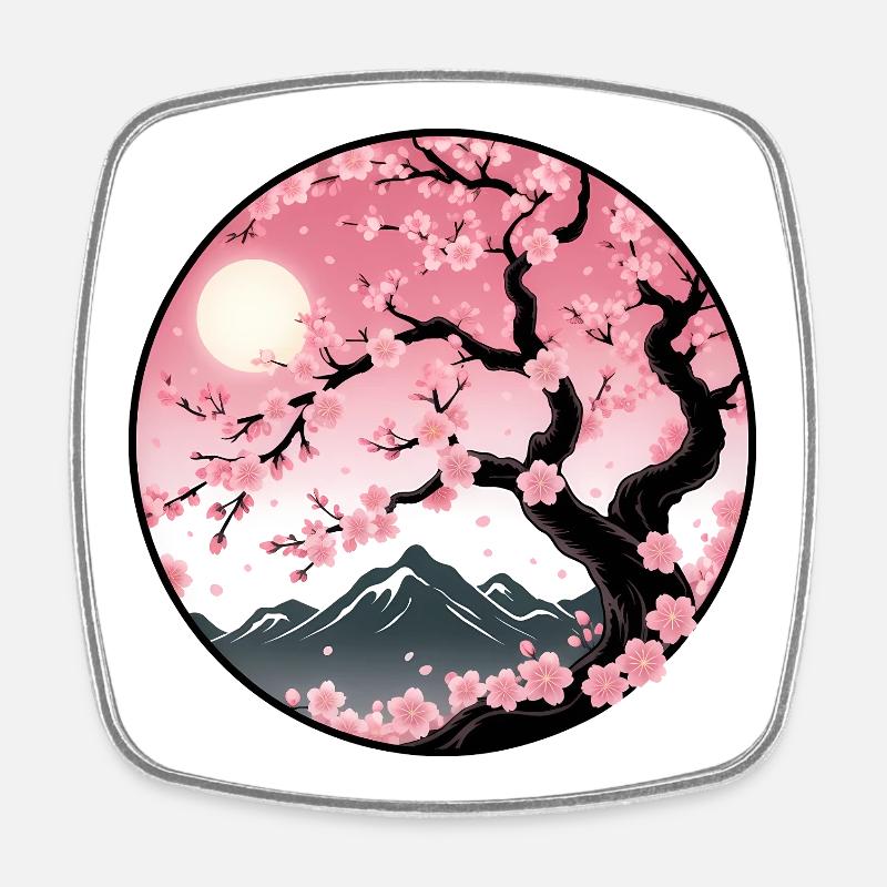 Paysage de montagne de cerisier en fleurs - Magnet carré - blanc