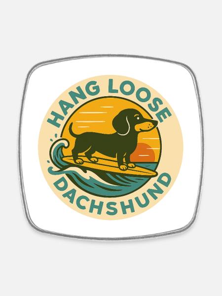Surfer dachshund in sunset - Square fridge magnet - white
