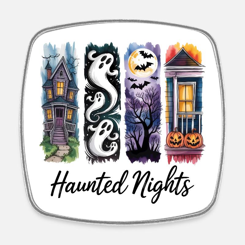 Haunted Nights Spooky Halloween Houses & Ghosts - Square fridge magnet - white