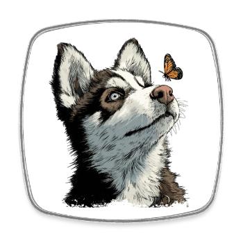 Curious husky puppy and butterfly - Square fridge magnet - white - Front