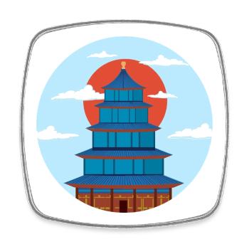 Traditionelle blaue und orangefarbene Pagode - Viereckiger Kühlschrankmagnet - Weiß - Vorne