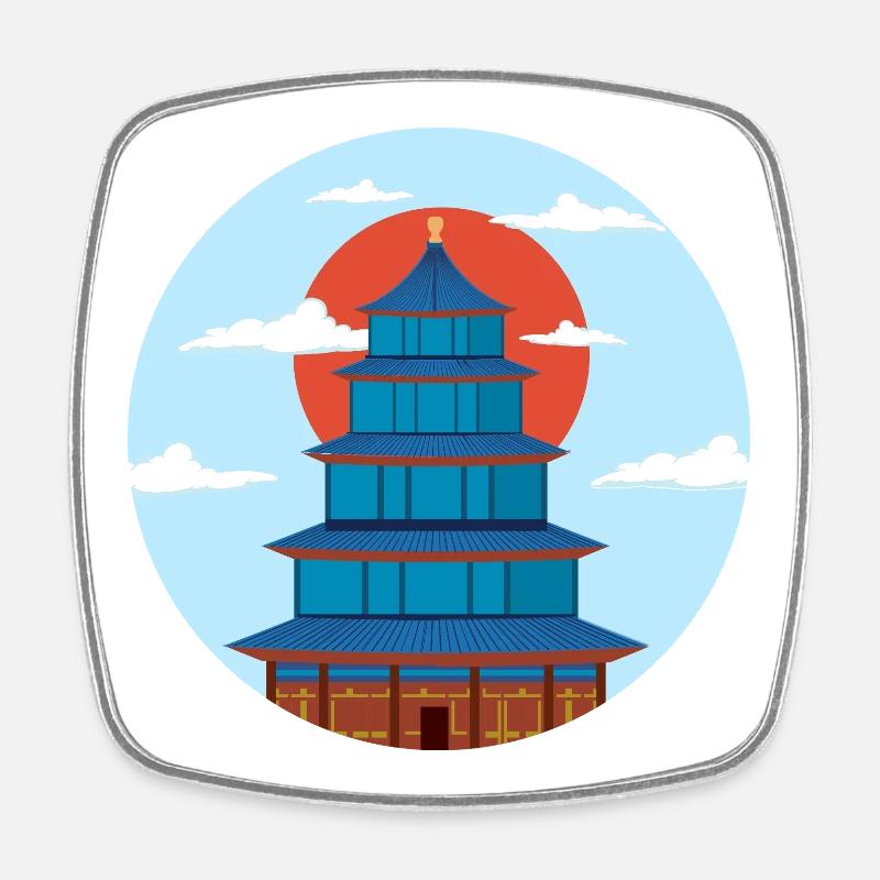 Pagode Traditionnel Bleu et Orange - Magnet carré - blanc