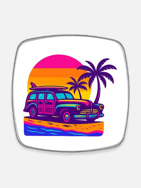 Retro Neon Beach Getaway with Surfboard Surf Woody - Square fridge magnet - white