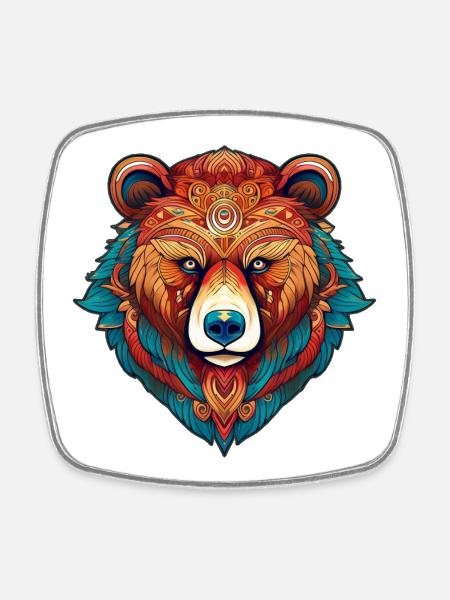 Colorful Tribal Bear Head - Square fridge magnet - white