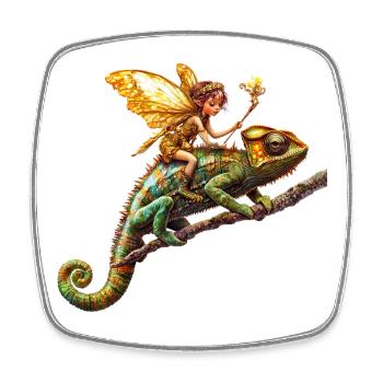 Magical elf rider on chameleon - Square fridge magnet - white - Front