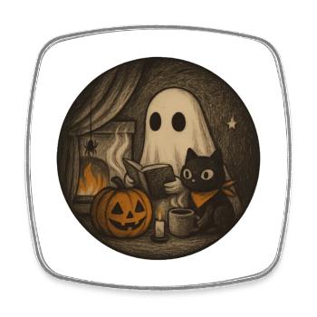 Scénario d’Halloween confortable avec fantôme et citrouille - Magnet carré - blanc - Devant