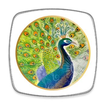 Magnificent peacock with crown - Square fridge magnet - white - Front