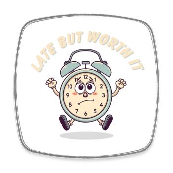Vintage Cartoon Clock – Late but Worth It - Square fridge magnet - white - Front