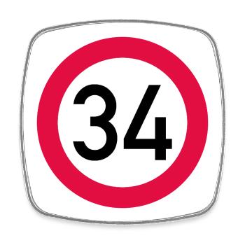 34. Geburtstag Achtung! Verkehrsschild 34 Km/h - Viereckiger Kühlschrankmagnet - Weiß - Vorne