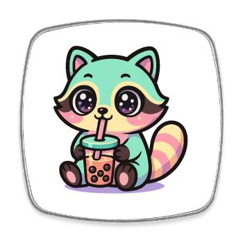 Kawaii Waschbär trinkt Boba Tee - Viereckiger Kühlschrankmagnet - Weiß - Vorne