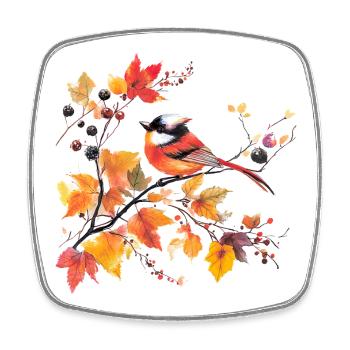 Bird in autumn on leaf branch - Square fridge magnet - white - Front