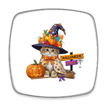 Cute Witch Cat with Pumpkin – Halloween Party - Square fridge magnet - white - Front