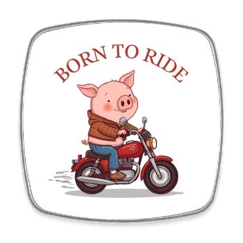 Cochon de dessin animé sur une moto – Né pour rouler - Magnet carré - blanc - Devant