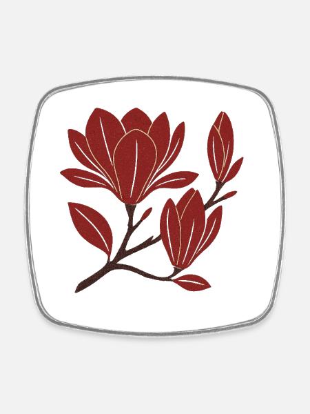 Red Magnolia Branch Pattern - Square fridge magnet - white