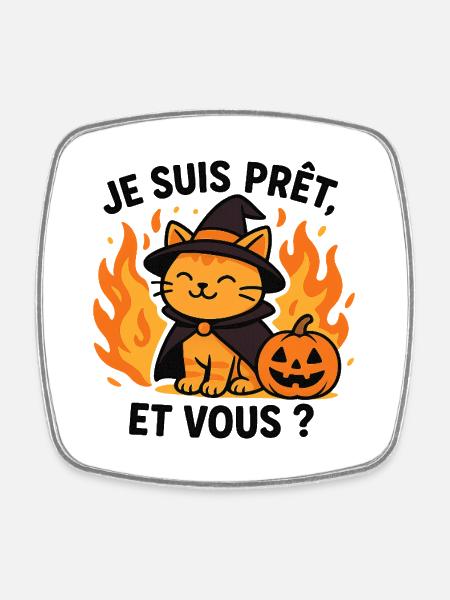 Halloween Wizard Cat Ready - Square fridge magnet - white