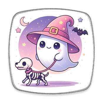 Pinker Hexen‑Geist mit Skelett‑Hund – Halloween - Viereckiger Kühlschrankmagnet - Weiß - Vorne