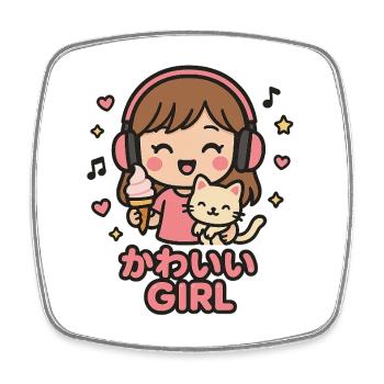 Kawaii Girl Musik Katze - Viereckiger Kühlschrankmagnet - Weiß - Vorne