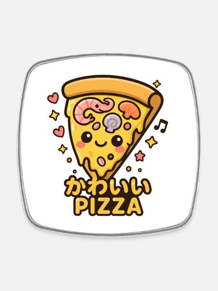 Kawaii Pizza Slice Cartoon - Square fridge magnet - white