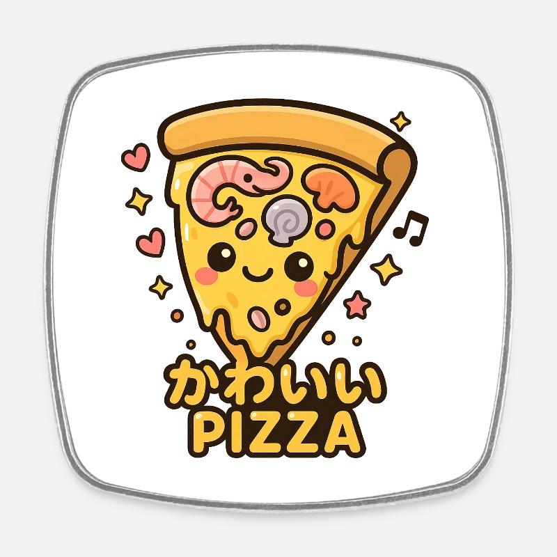 Kawaii Pizza Slice Cartoon - Square fridge magnet - white