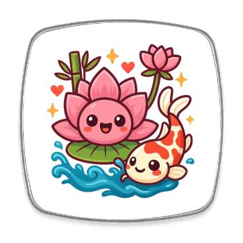 Koi und Lotus Kawaii Print - Viereckiger Kühlschrankmagnet - Weiß - Vorne