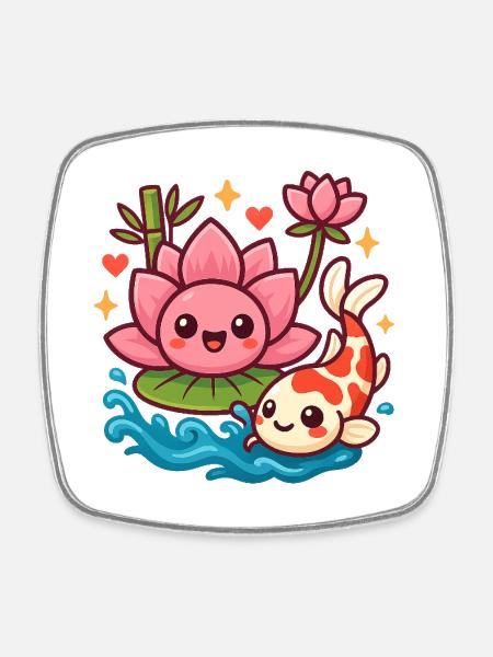 Koi and Lotus Kawaii Print - Square fridge magnet - white