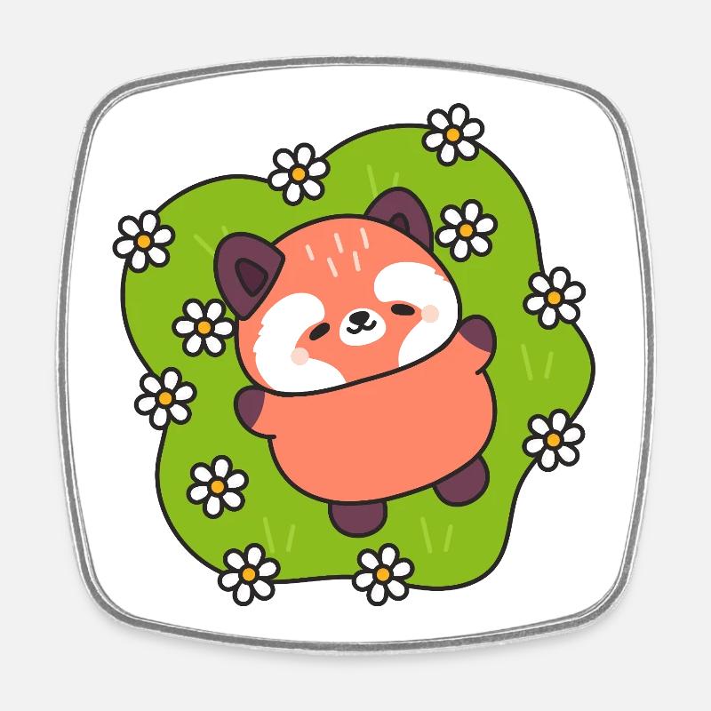 Happy Panda on Daisy Meadow - Square fridge magnet - white
