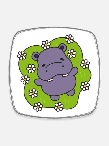 Hippo violet sur gazon fleuri - Magnet carré - blanc