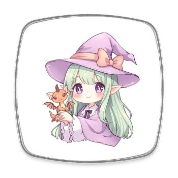 Kawaii Anime Hexe mit Drachen - Viereckiger Kühlschrankmagnet - Weiß - Vorne
