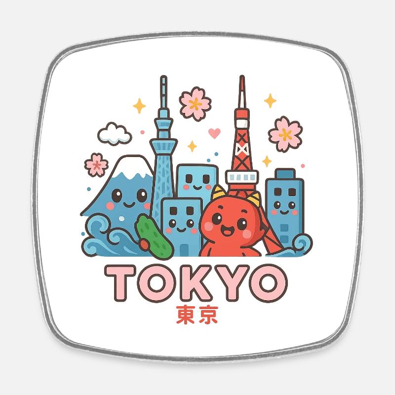 Kawaii Tokyo Skyline - Magnet carré - blanc
