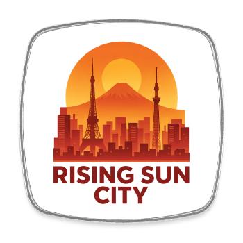 Aufgehende Sonne Stadt Skyline Silhouette  - Viereckiger Kühlschrankmagnet - Weiß - Vorne