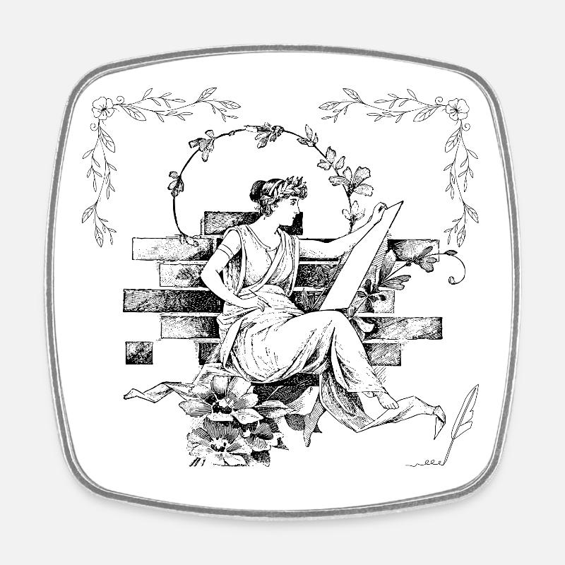 A woman reading a scroll, a poet in a garden. - Square fridge magnet - white