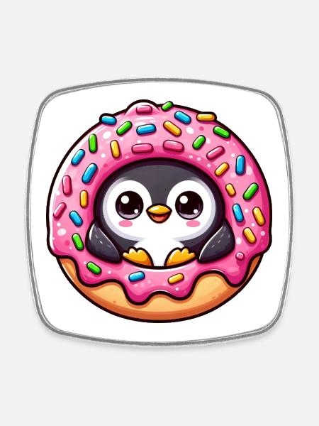Süßer Pinguin Donut Nachtisch Skurril Lustig - Viereckiger Kühlschrankmagnet - Weiß