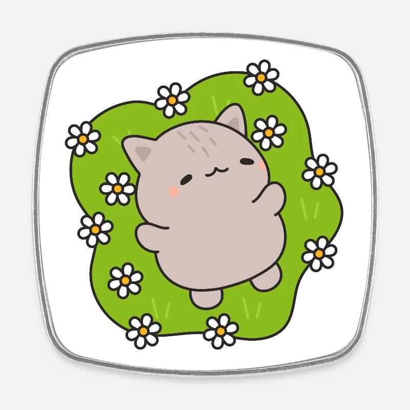 Cute cat dancing among flowers - Square fridge magnet - white