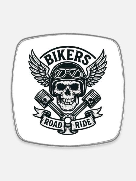 Skull Biker Wings Pistons Road - Square fridge magnet - white