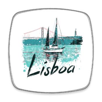 Brücke von Lissabon 25. April: Blick auf den Tejo, schwarze Schrift - Viereckiger Kühlschrankmagnet - Weiß - Vorne