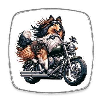 Collie motard sur une moto chopper avec lunettes - Magnet carré - blanc - Devant
