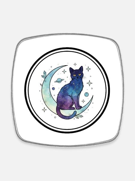 Acquerello Galassia Gatto Luna - Calamita quadrata da frigo - bianco