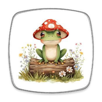 Watercolor frog with mushroom hat on tree trunk - Square fridge magnet - white - Front