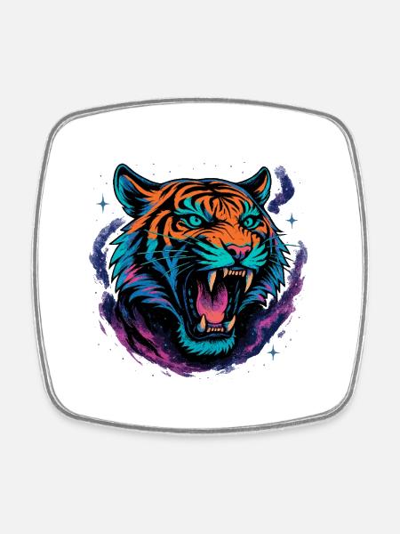 Neon Tiger Rage Galaxy Design - Square fridge magnet - white